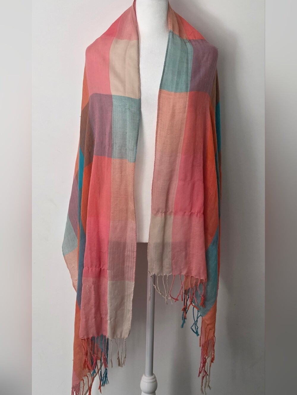 Colorblock Lightweight Fringe Scarf - Coral, Peach & Teal